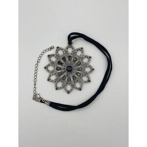 Circle Pendant 3" Silver Tone Pierced Designs Glass Center Black Cord